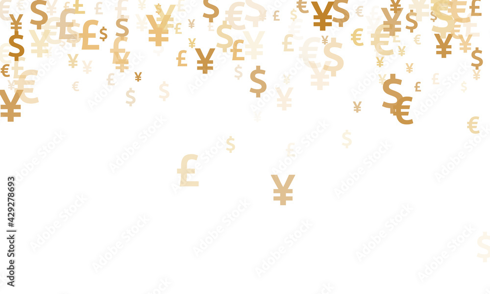 Euro dollar pound yen gold icons scatter money vector illustration. Finance concept. Currency