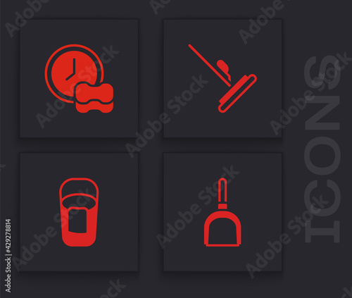 Set Dustpan, Washing dishes, Mop and Bucket with rag icon. Vector
