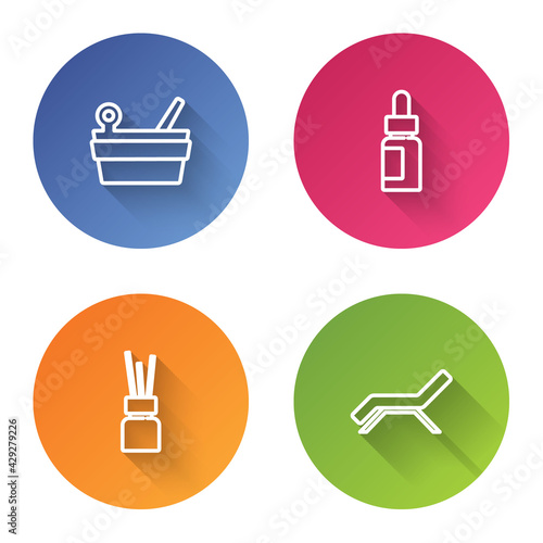 Set line Sauna bucket and ladle, Essential oil bottle, Aroma diffuser and Sunbed umbrella. Color circle button. Vector