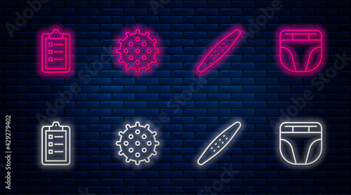 Set line Tennis ball, Nail file pet, Grooming salon price list and Diaper for dog. Glowing neon icon on brick wall. Vector