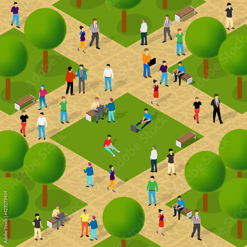 City park with trees and people walking vacationers