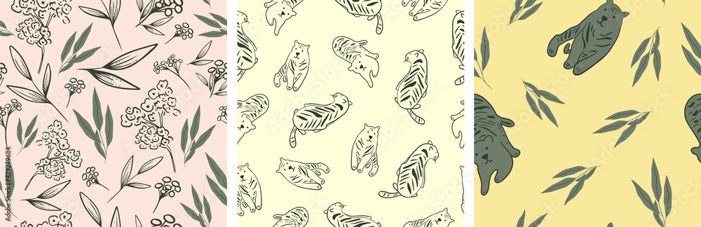 Set of seamless patterns. Tigers and floral style. Vector illustration