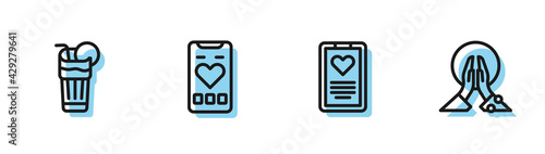 Set line Medical clipboard, Fresh smoothie, Mobile with heart rate and Meditation icon. Vector