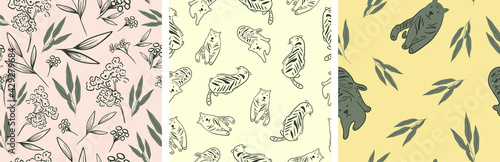 Set of seamless patterns. Tigers and floral style. Vector illustration