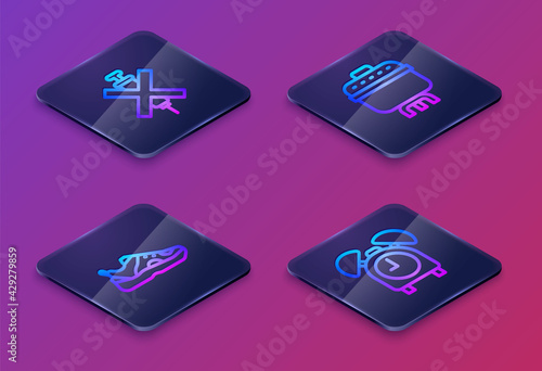 Set Isometric line No doping syringe, Sport sneakers, Cooking pot and Alarm clock. Blue square button. Vector