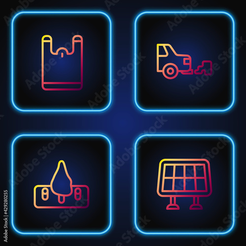 Set line Solar energy panel, Deforestation, Plastic bag and Car exhaust. Gradient color icons. Vector