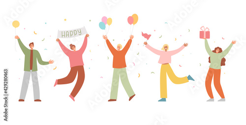 Group of happy people raising hands celebrating holiday with colorful confetti vector flat illustration. Woman hold gift box having fun with friends isolated. Person with balloons and flag