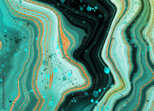 Gold marble design green. A beautiful combination of sea marble and gold, beautiful streaks and streaks of stains. For printing postcards, business cards, paintings.
