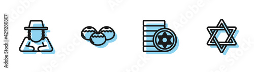Set line Jewish coin, Orthodox jewish hat, sweet bakery and Star of David icon. Vector