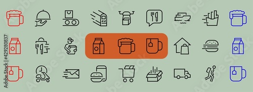 PIZZA DELIVERY, and Food Icon Set Vector thin line, contains courier, home delivery, food ordering, fast transport, drone, ship, car, editable stroke. ICONS circuits
