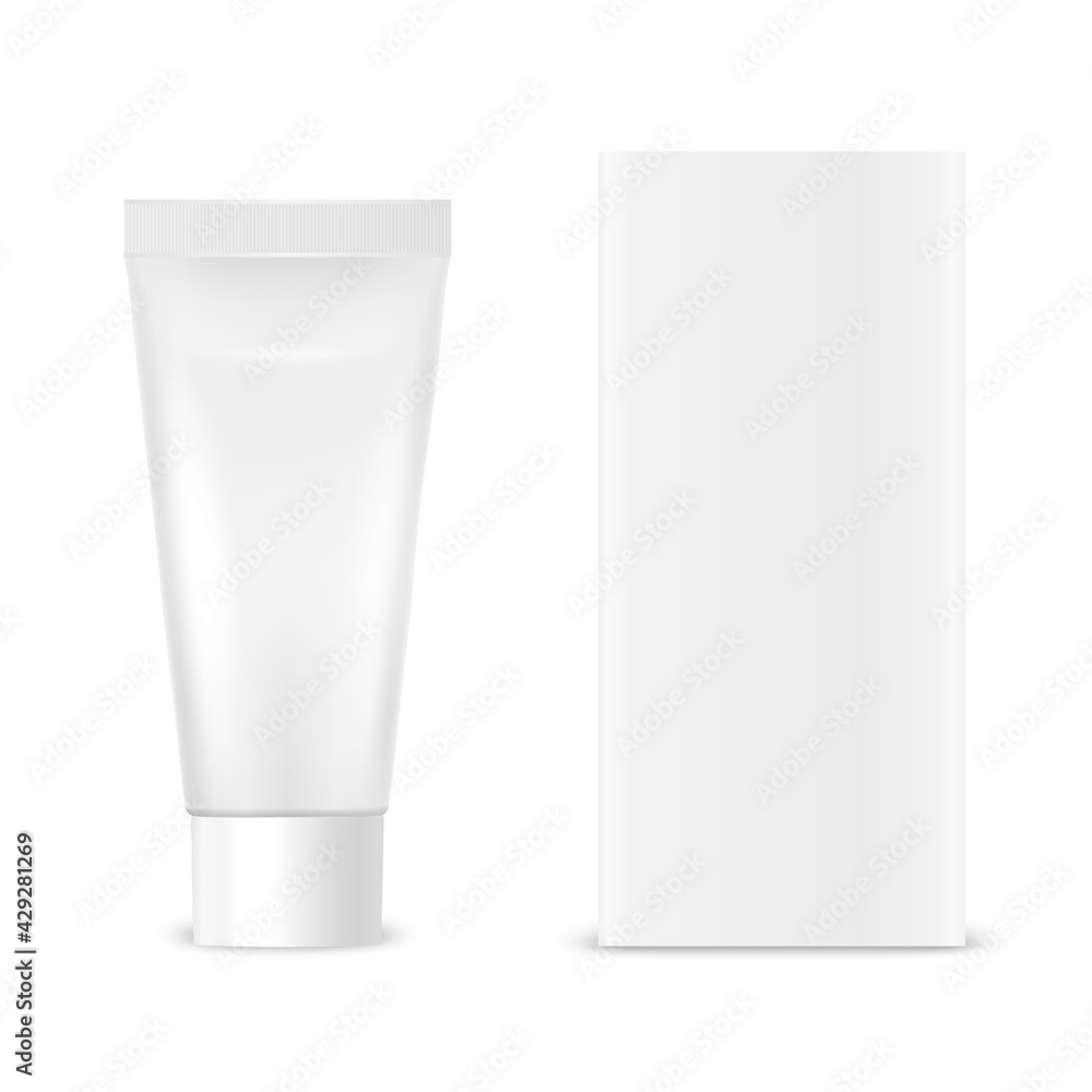 Vector 3d Realistic Small Plastic, Metal White Tooth Paste, Cream Tube, Carton Packing Isolated on White Background. Design Template of Toothpaste, Cosmetics, Cream for Mockup. Front View Vector 3d Realistic Small Plastic, Metal White Tooth Paste, Cream Tube, Carton Packing Isolated on White Background. Design Template of Toothpaste, Cosmetics, Cream for Mockup. Front View