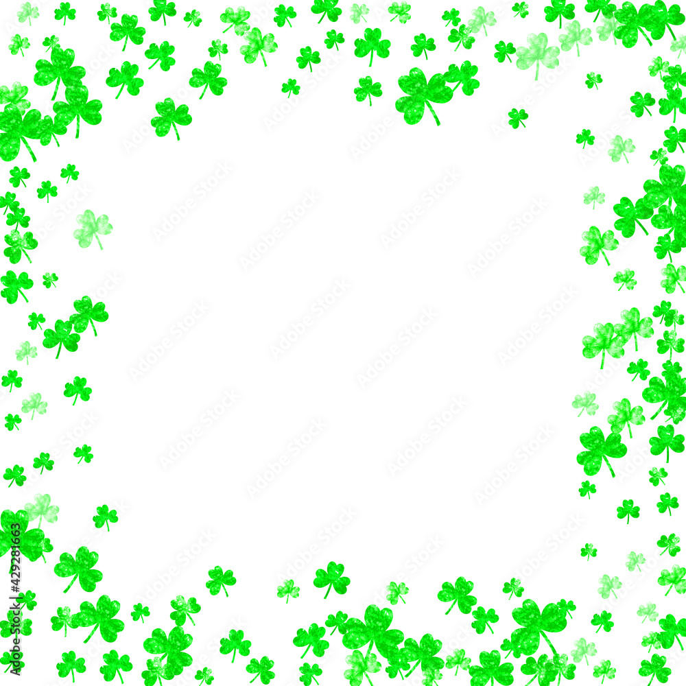 Clover background for Saint Patricks Day. Lucky trefoil confetti. Glitter frame of shamrock leaves. Template for flyer, special business offer, promo. Holiday clover background. Clover background for Saint Patricks Day. Lucky trefoil confetti. Glitter frame of shamrock leaves. Template for flyer, special business offer, promo. Holiday clover background.