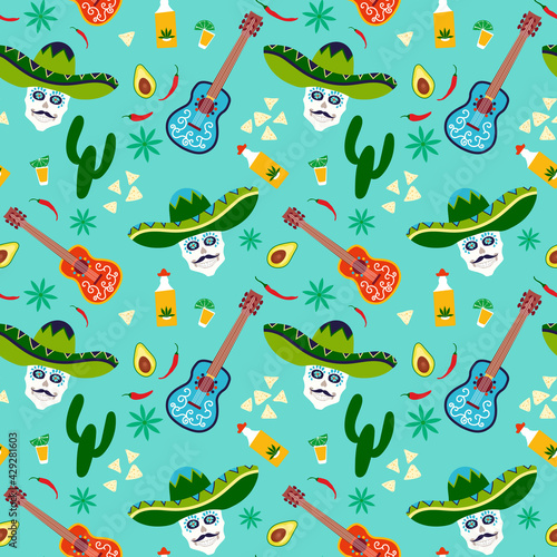 Mexico, mexican traditional Cinco de Mayo, Day of the dead, Halloween, Dia de los muertos  print background, seamless pattern design
