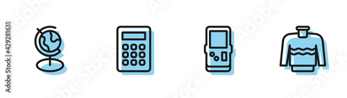 Set line Tetris, Earth globe, Calculator and Sweater icon. Vector