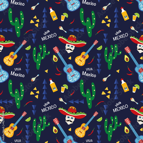 Viva Mexico concept seamless pattern design. Mexico, Mexican food, traditional Cinco de Mayo, Day of the dead, Halloween, Dia de los Muertos  print background