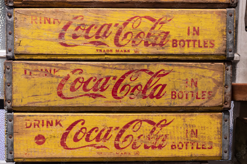 Kokomo Circa March 2021 CocaCola antique bottle storage crate. Coca