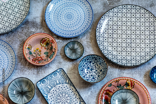 Beautiful traditional Moorish porcelain ceramic plates. illustrated middle eastern design. Marrakech Morocco. High quality photo 