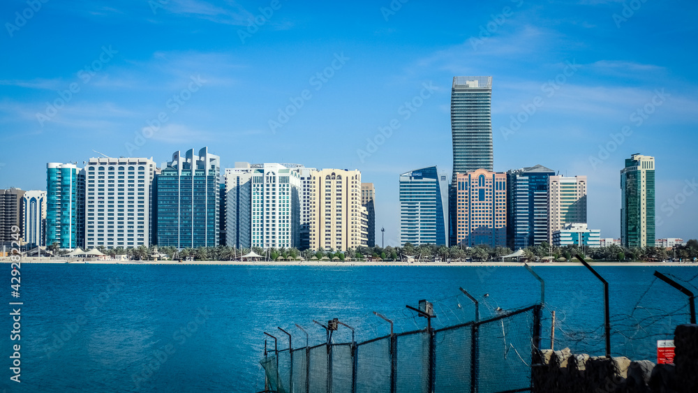 Abu Dhabi, UAE - April 21, 2021 - Capital of Dubai during blue sky, United Arab Emirates