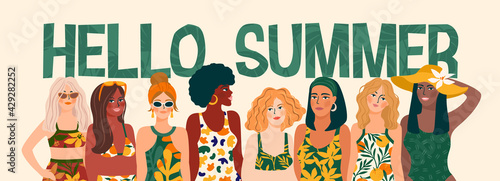 Vector illustration of women in bright swimsuit. Young girls with different skin colors.