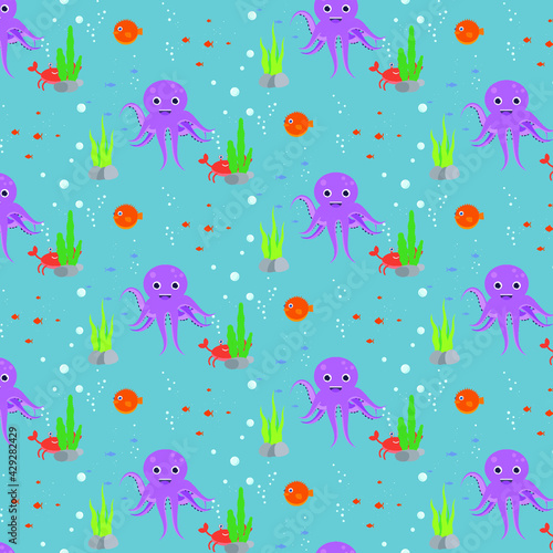 Pattern for children marine life . Octopus , puffer fish , crab and small fish .