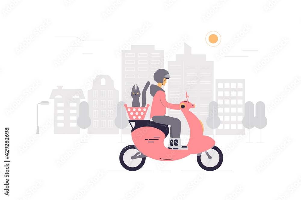 A girl on a scooter with a cat in a basket rides around the city. The concept of outdoor activities and animal care. Vector illustration. Flat style..