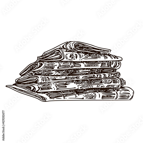 Pile of old newspapers. Sketch. Engraving style. Vector illustration