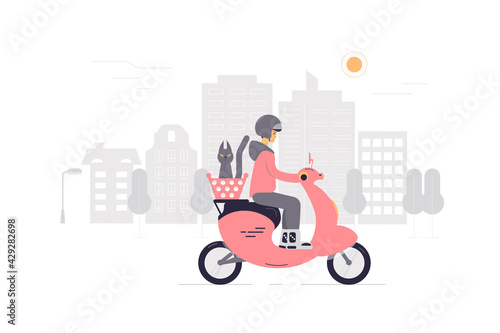 A girl on a scooter with a cat in a basket rides around the city. The concept of outdoor activities and animal care. Vector illustration. Flat style..