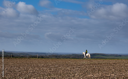 Horse rider on horizon on the south downs