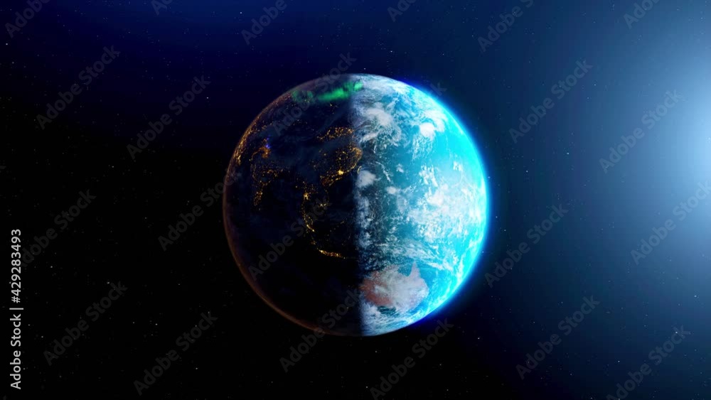 Earth from space rotation day to night skyline with aurora light. The globe spinning on satellite view space. Realistic 3d rendering animation. elements of this image furnished by NASA. Loop able Earth from space rotation day to night skyline with aurora light. The globe spinning on satellite view space. Realistic 3d rendering animation. elements of this image furnished by NASA. Loop able