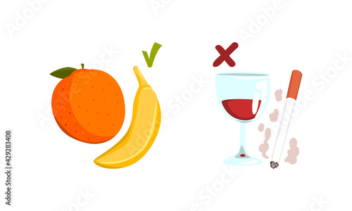 Harmful and Healthy Habits with Alcohol, Cigarette and Fruit Nutrition Vector Set