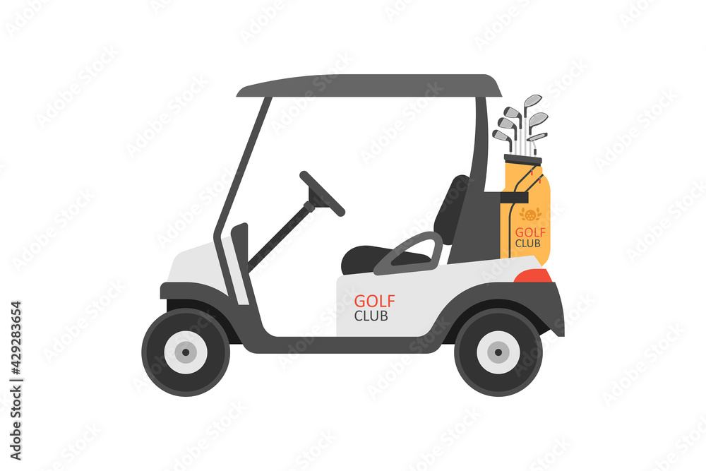 Golf car with golf club bag. flat style. isolated on white background