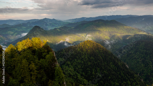 view from the top of Trzy Korony towards the east of the Little Pieniny Mountains