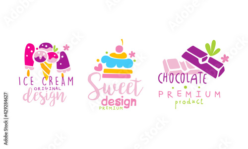Confectionery Emblems with Sweet Cupcake and Sugary Dessert Vector Set