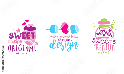 Emblems with Milkshake and Marshmallow as Sweet and Sugary Confectionery Vector Set
