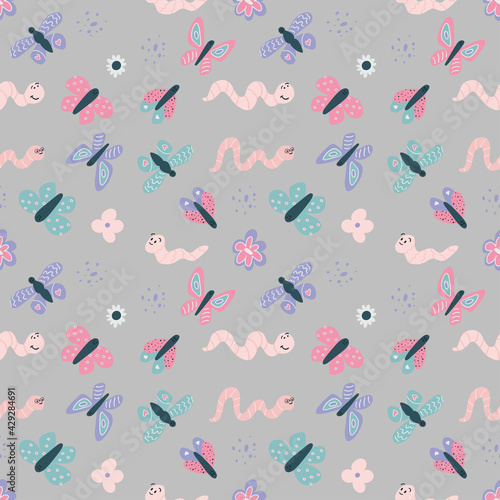 Seamless pattern with cute butterflies, worms and flowers. Vector simple hand drawn illustration in cute scandinavian style