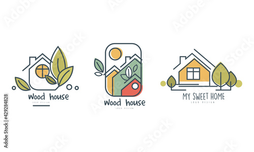 Eco Home or Eco-house Logo Design with Green Leaf Vector Set