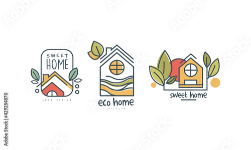 Eco Home or Eco-house Logo Design with Green Leaf Vector Set