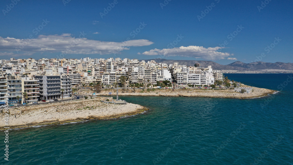 Aerial drone photo of famous seaside area of urban dense populated Piraeus - Piraiki, Attica, Greece