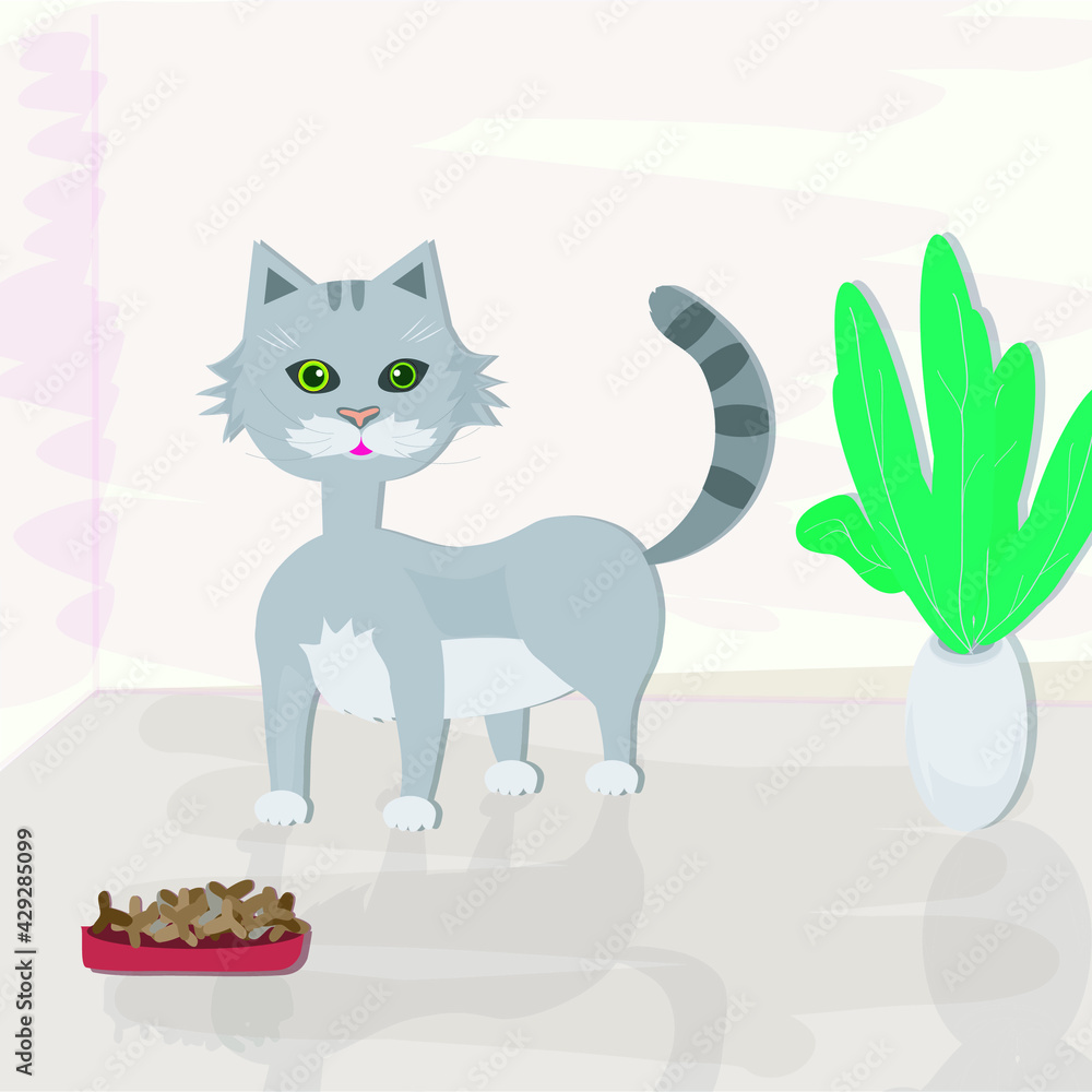 cat in the apartment next to a vase and food, vector