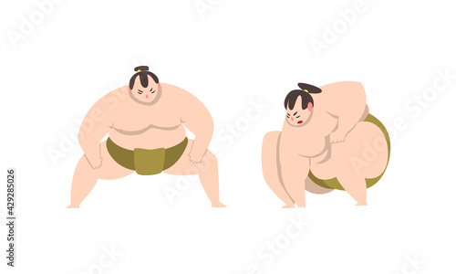 Sumo Wrestler as Japanese Martial Arts Fighter in Different Poses Vector Set