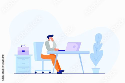 Businessman sitting and table and working isolated flat vector illustration. Tired businessman with professional burnout syndrome. Tiredness and trouble concept.