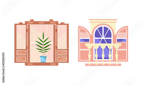 Hinged or Sash Window with Shutters and Flower Pot Rested on Sill Vector Set.