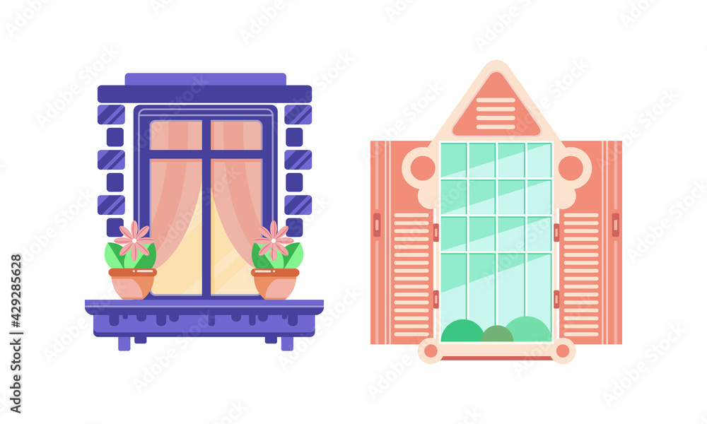 Obraz premium Hinged or Sash Window with Shutters and Flower Pot Rested on Sill Vector Set.