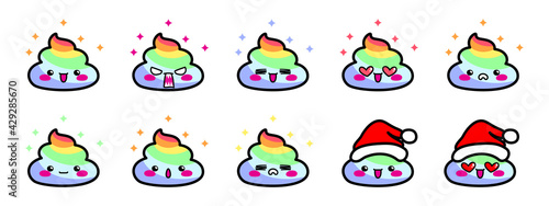 Kawaii foam or whipped cream icons set in rainbow colors as isolated vector illustration on a white background