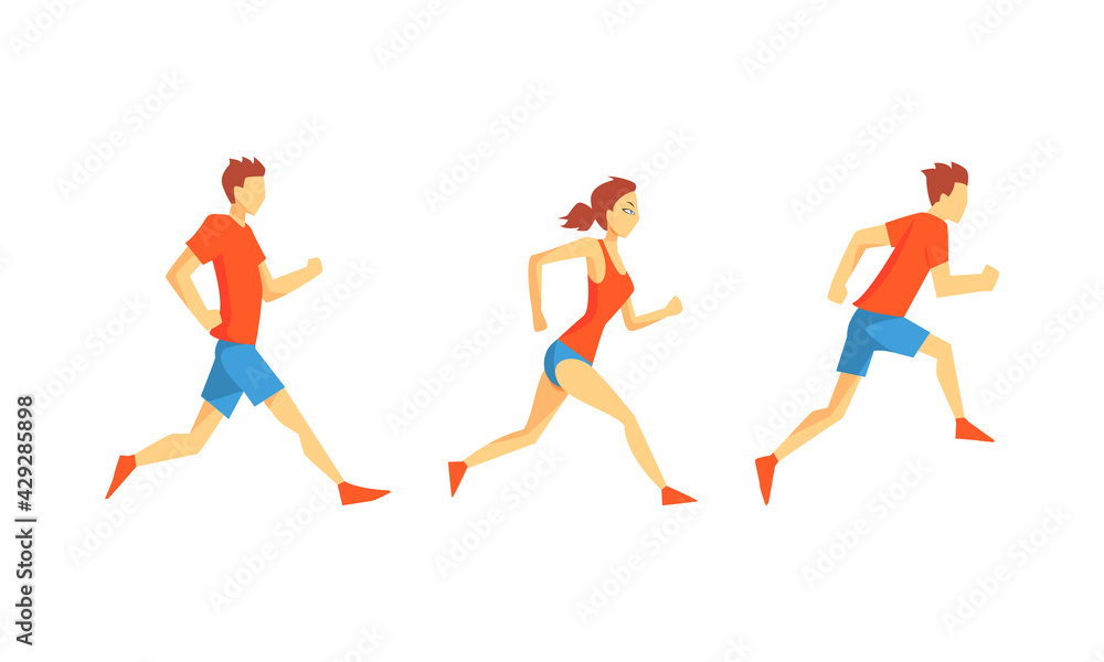 Young Male and Female Running Marathon Sprinting Forward Vector Set