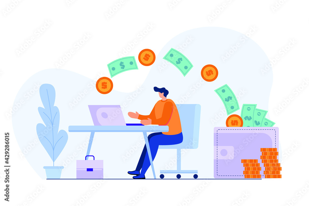 Man getting paid from online work. Coins and dollar bills fly into wallet. Businessman has passive income. Financial freedom concept. Flat vector illustration Man getting paid from online work. Coins and dollar bills fly into wallet. Businessman has passive income. Financial freedom concept. Flat vector illustration