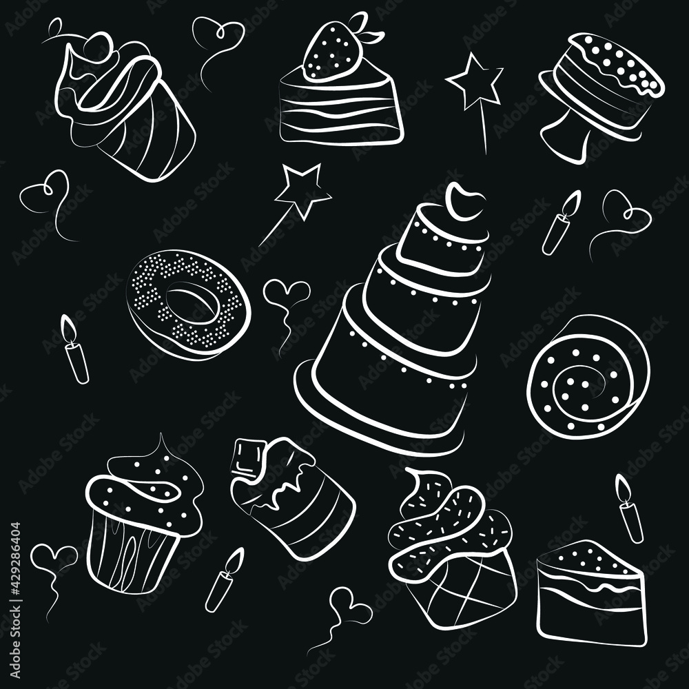 Cakes muffins donuts white chalk on black background EPS 10
