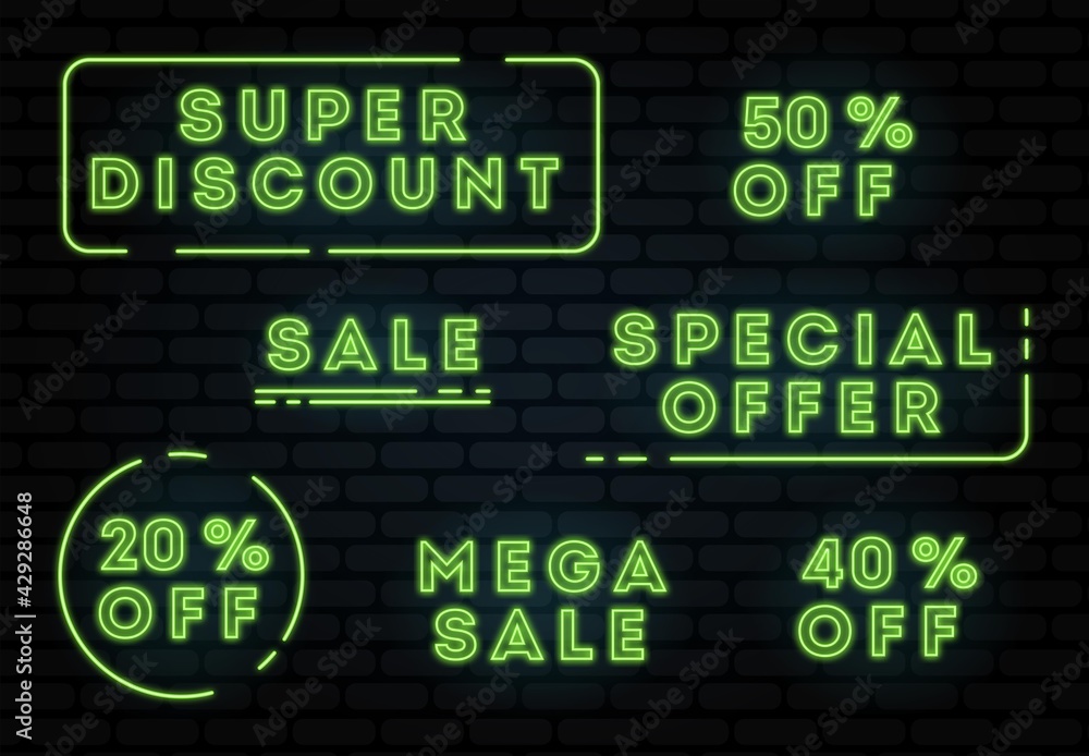 Neon light Sale banner badge. Special offer discount tags. Coupon shape templates design. Cyber monday , Black friday shopping icons. Best ultimate offer badge. Super discount icons. Vector banners Neon light Sale banner badge. Special offer discount tags. Coupon shape templates design. Cyber monday , Black friday shopping icons. Best ultimate offer badge. Super discount icons. Vector banners