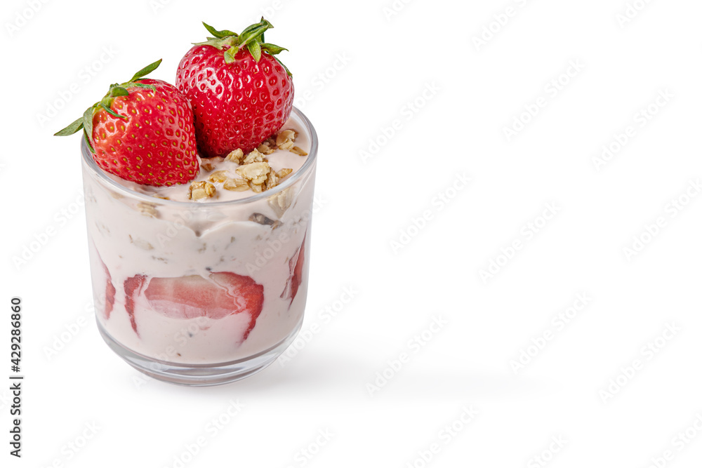 homemade delicious layered dessert of yogurt, muesli and strawberries isolated on white homemade delicious layered dessert of yogurt, muesli and strawberries isolated on white