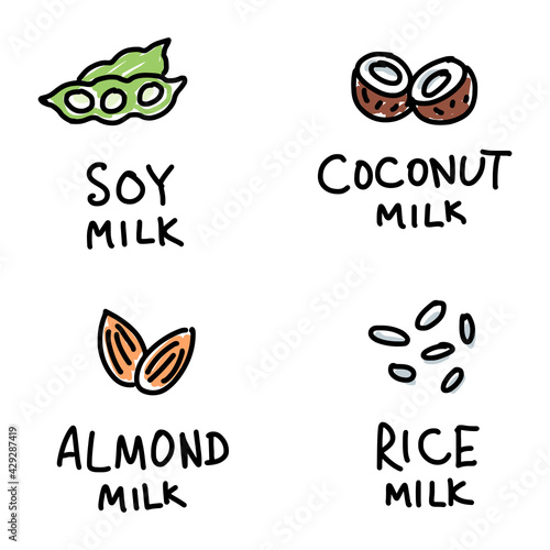 Symbols for plant milk: soy, coconut, almond, rice.